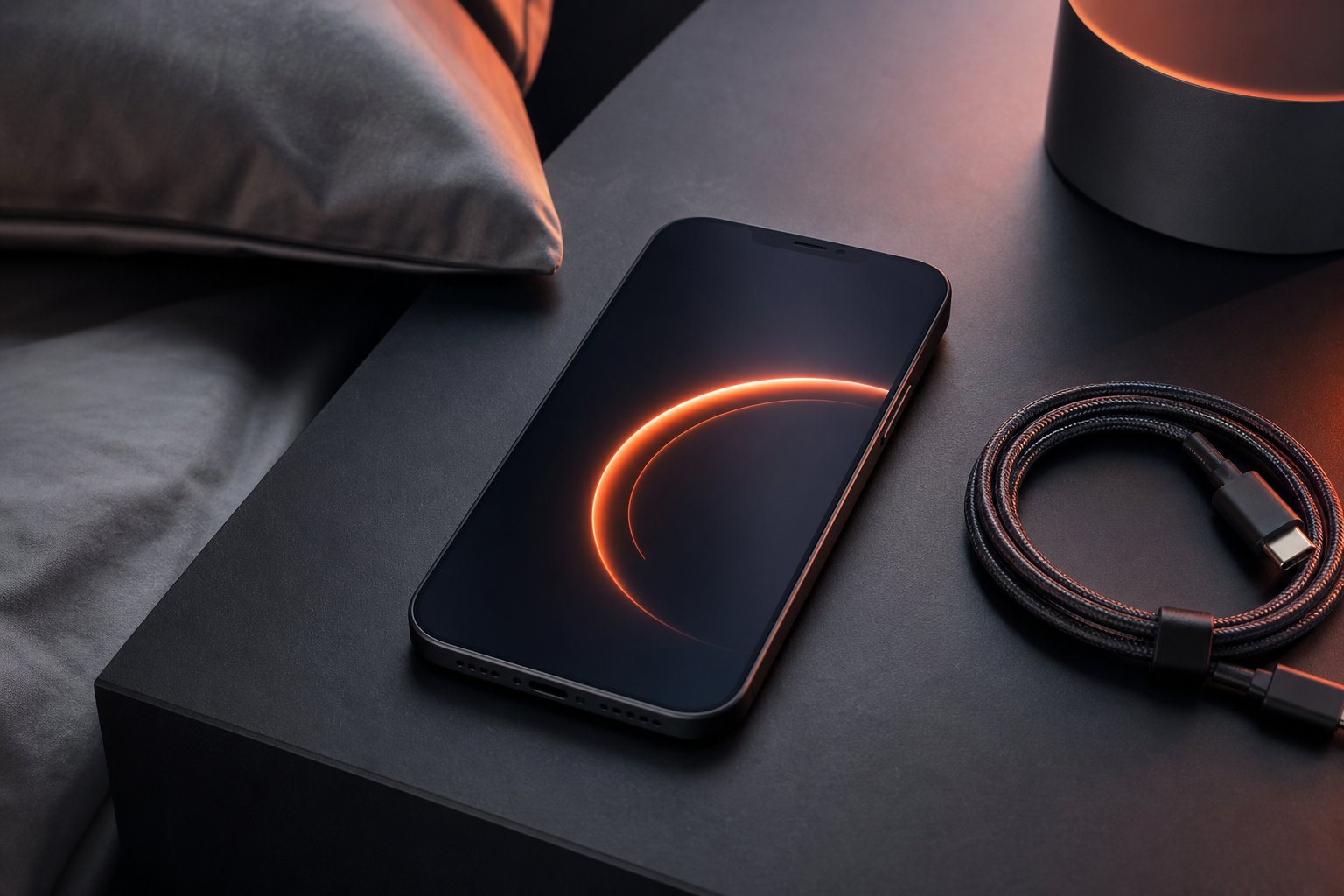 Móvil sin marca sobre una mesilla de pizarra mostrando un arco luminoso de batería en pantalla, con un cable de carga enrollado al lado bajo luz cálida