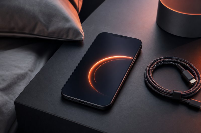 Móvil sobre una mesilla mostrando un arco luminoso de batería, con un cable de carga enrollado al lado
