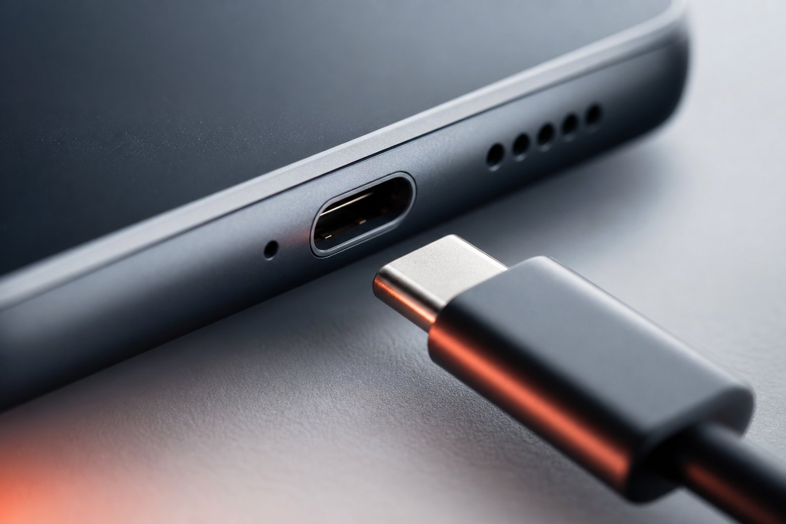 Primer plano macro del puerto de carga de un móvil sin marca con un cable USB-C a punto de conectarse, con partículas de polvo visibles a contraluz