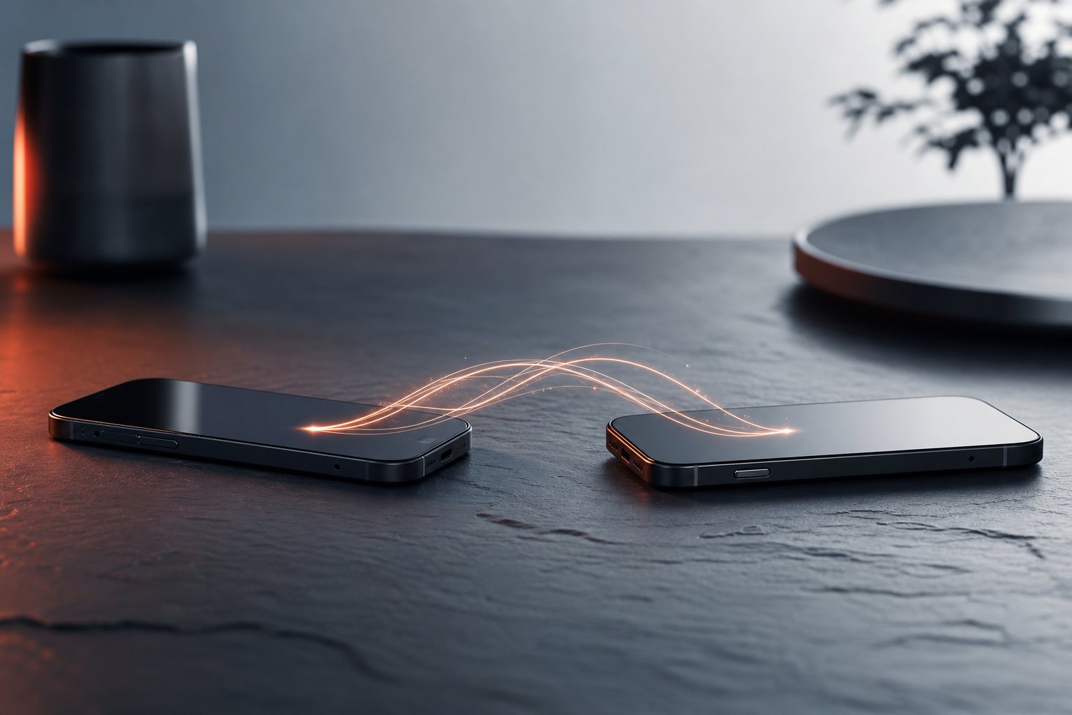 Dos móviles sin marca uno junto a otro sobre un escritorio de pizarra, unidos por un fino arco de luz que sugiere una transferencia de datos