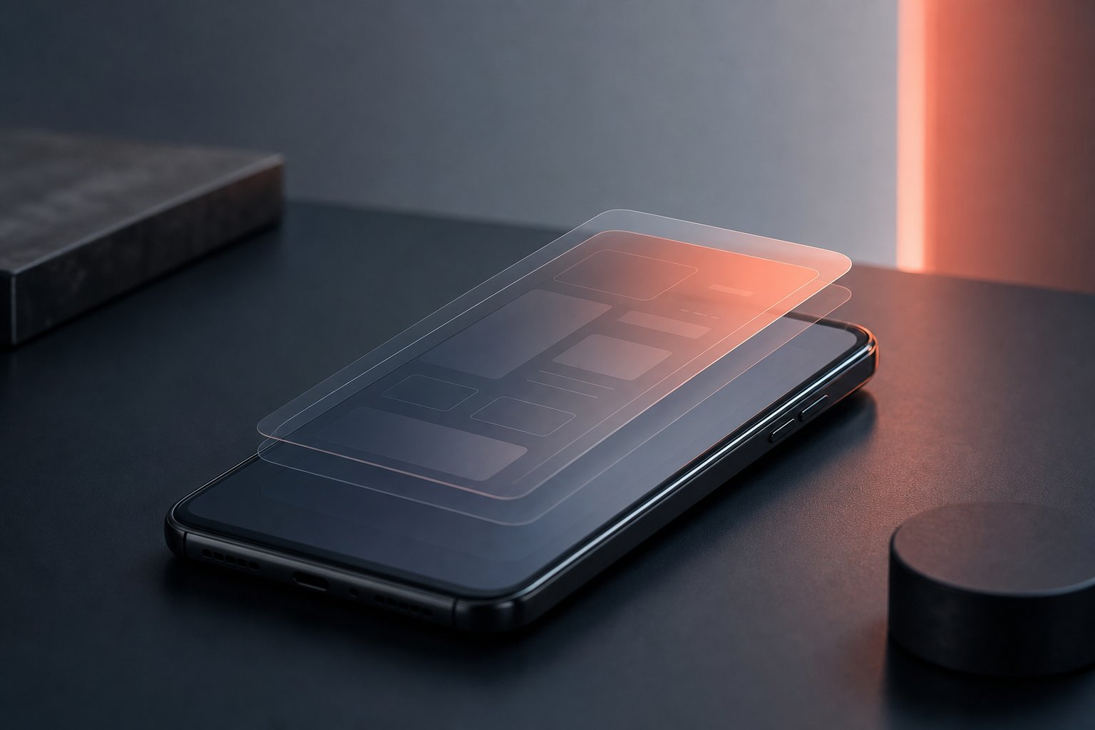 Móvil sin marca sobre un escritorio oscuro con una segunda capa de interfaz translúcida flotando sobre la pantalla, con iluminación tenue