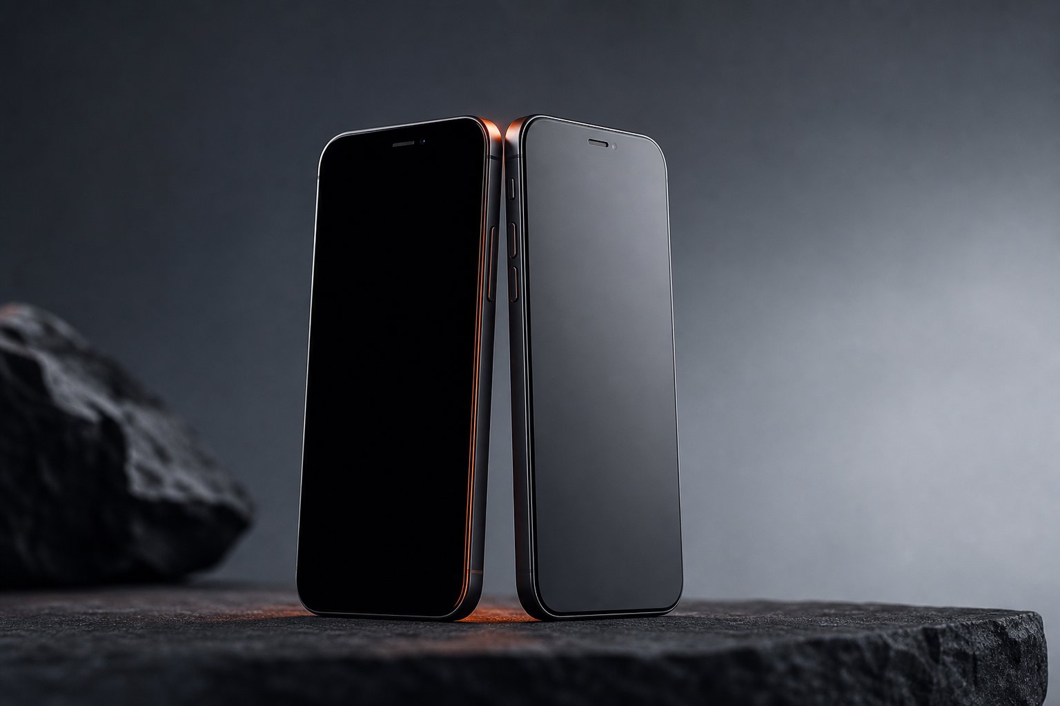 Dos móviles sin marca de pie y espalda con espalda sobre una superficie oscura, uno con la pantalla en negro profundo y el otro en un tono gris oscuro