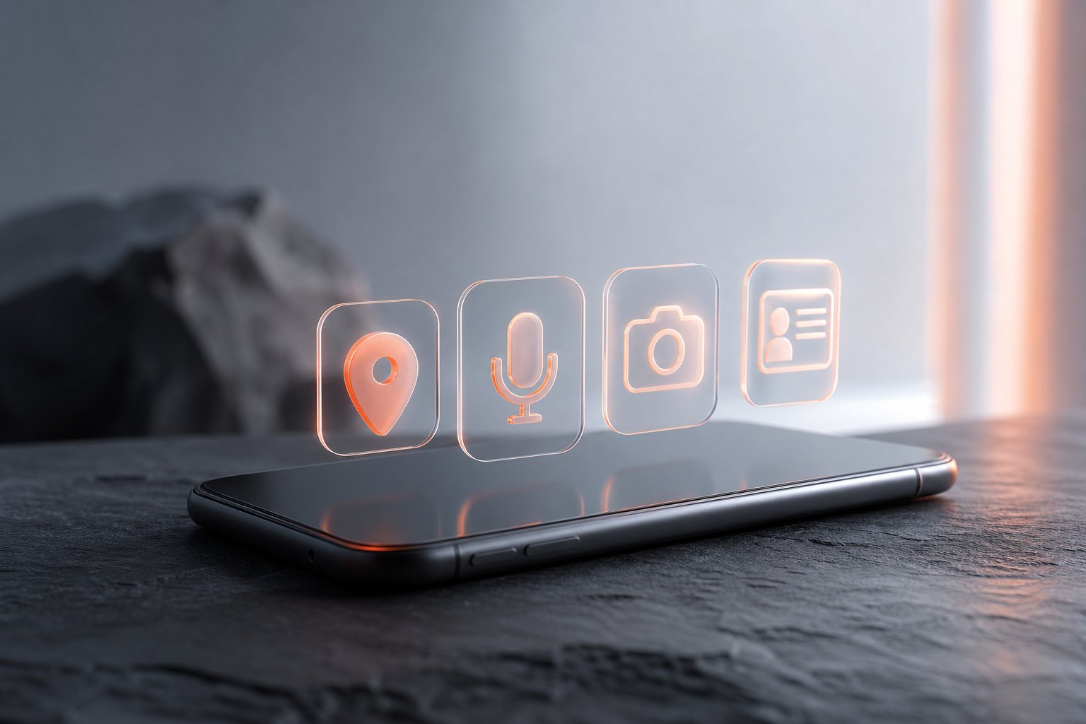 Móvil sin marca en horizontal sobre pizarra con iconos luminosos de ubicación, micrófono, cámara y contactos flotando sobre la pantalla
