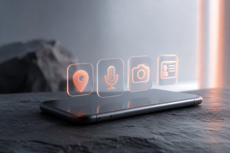Móvil en horizontal con iconos luminosos de ubicación, micrófono, cámara y contactos flotando sobre la pantalla