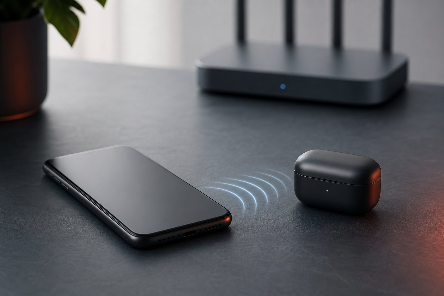 Móvil sin marca y un estuche de auriculares inalámbricos sobre un escritorio de pizarra, unidos por un arco de luz tenue, con un router desenfocado al fondo
